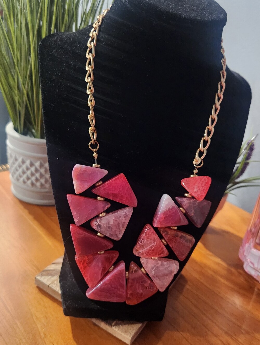 Nastasha Women’s Pink Agate Statement Triangle Necklace - Gold Chain